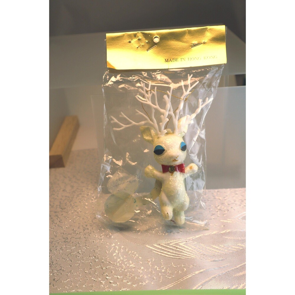 Vintage Mod Christmas Reindeer Mica Sugar Ornament Unused New in Pkg